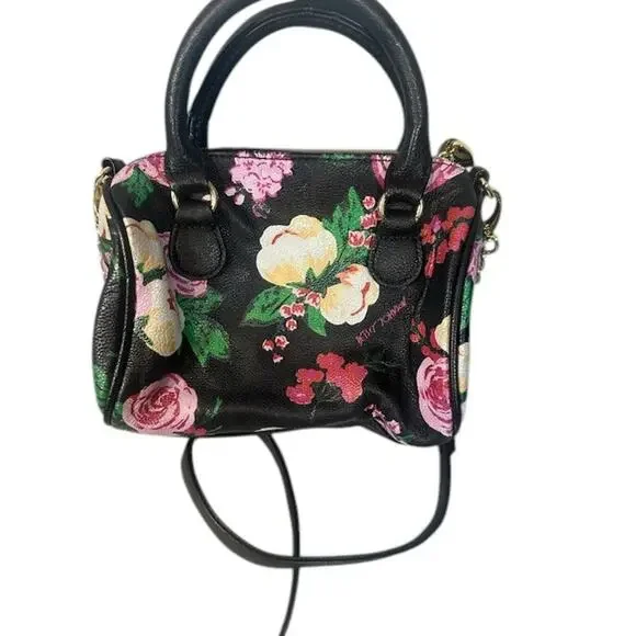 Betsey Johnson Black Multi Color Floral Dome Top Handle Zipper Bag Women - Picture 2 of 10